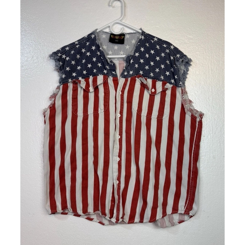 Biker Wear Mens Shirt Sz L Sleeveless Frayed American Flag Distressed Motorcycle
